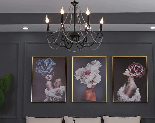 Wrought Iron Crystal Chandelier Candle Living Room Lamp Clothing Store Personality Black Lamps