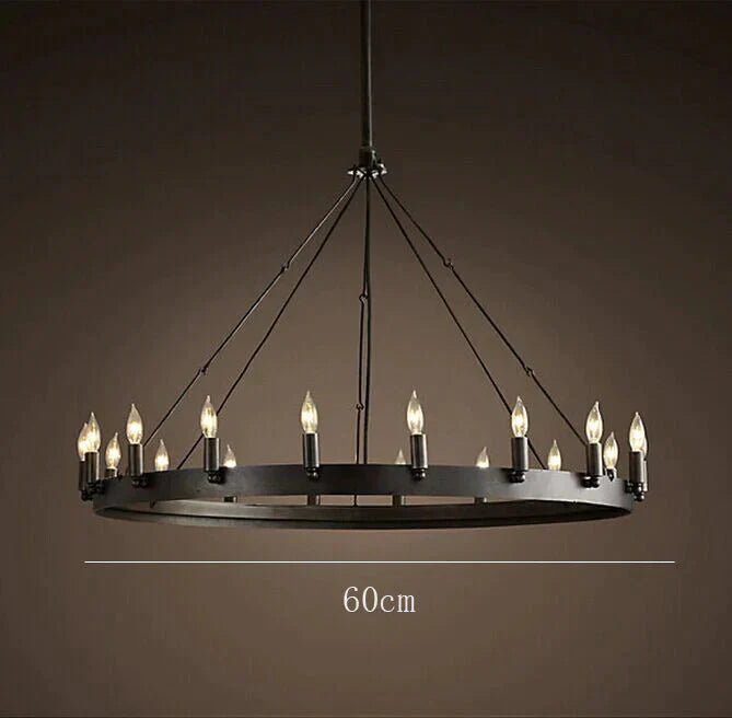 Round Wrought Iron Chandelier Living Room Bar Decorative Personality Cafe Candle Black / 12 Heads
