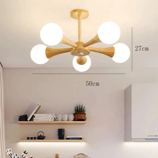 Nordic Log Dining Chandelier Solid Wood Bedroom Small Living Room Lights Wooden Lamps 5 Heads /