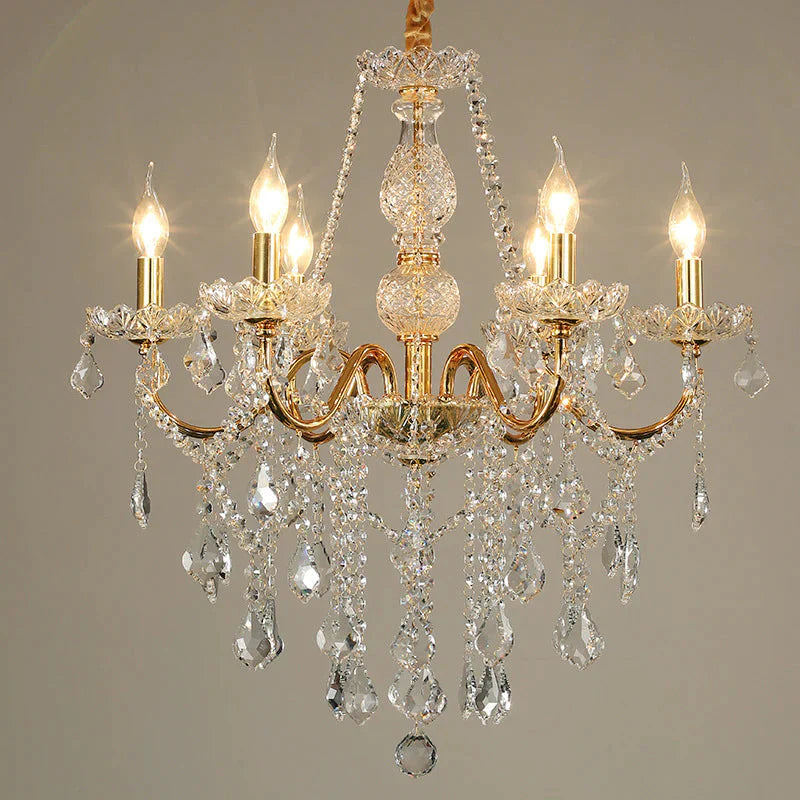 Living Room Chandelier Golden Wrought Iron Crystal Lamp Restaurant Atmosphere Hotel Hall Candle