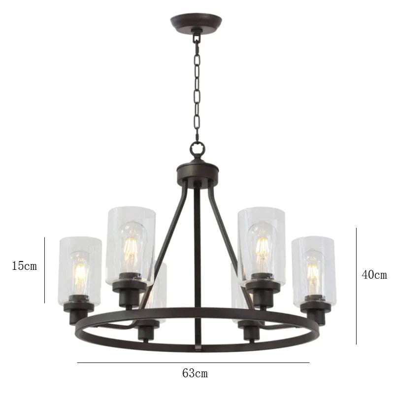 Round Six Heads Wrought Iron Chandelier Bar Restaurant Glass Lamps Pendant