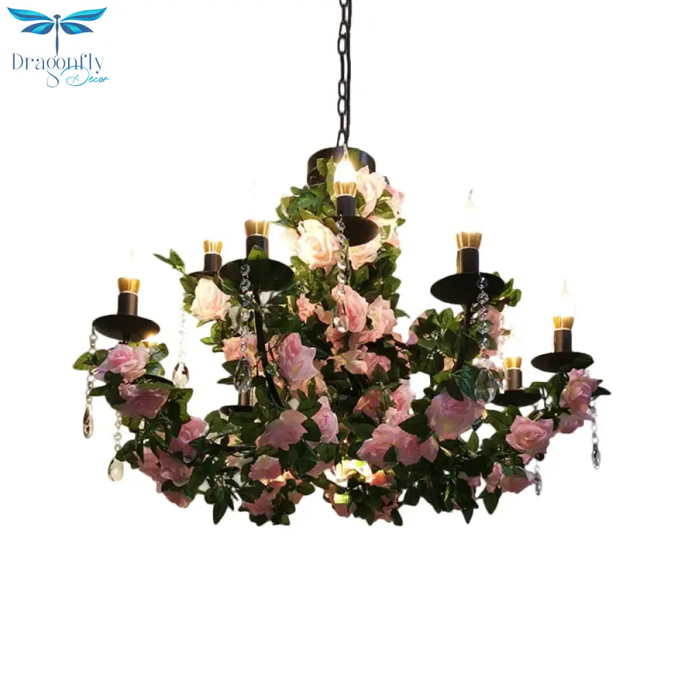 10 - Bulb Ceiling Chandelier Antiqued Candelabra Metal Drop Pendant With Pink/Purple And Red Fake