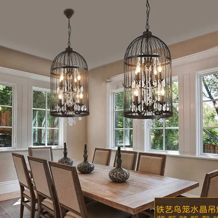 American Retro Crystal Chandelier Birdcage Wrought Iron Pendant