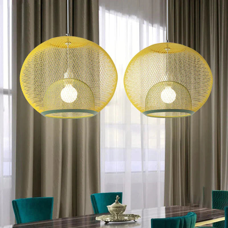 Nordic Simple Iron Grid Chandelier Modern Cafe Restaurant Makaron Single Head Double Layer Birdcage