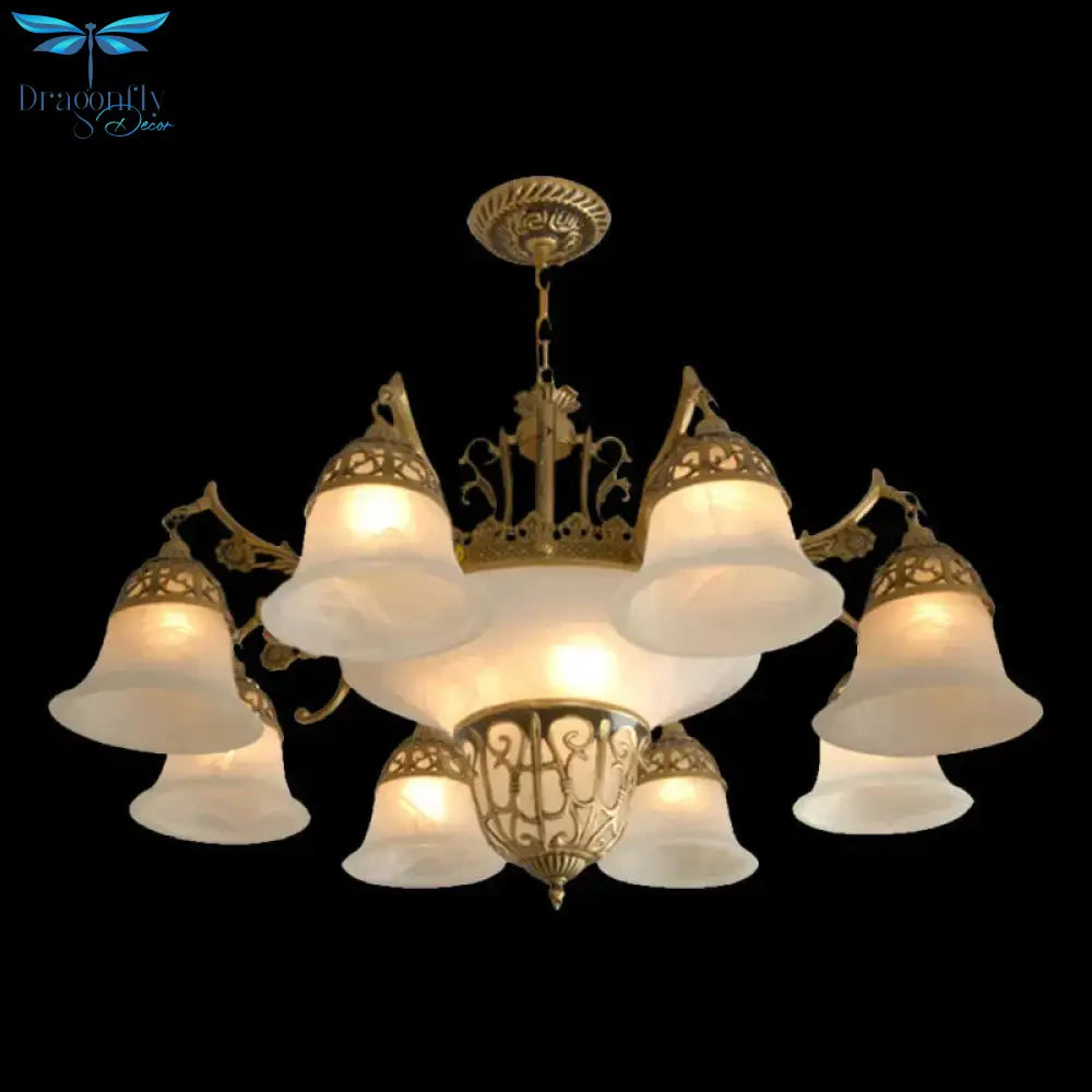 11 Bulbs Down Chandelier Retro Living Room Hanging Light Kit With Bell Alabaster Glass Shade In