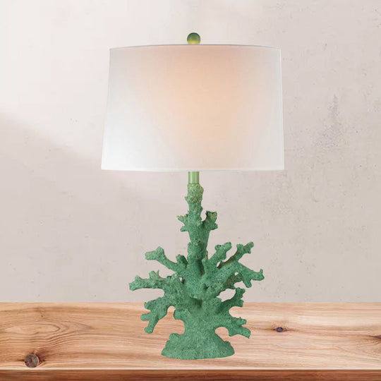 Arya - Green/Red Resin Table Lighting Coral 1 Bulb Countryside Night Stand Lamp With Drum Fabric