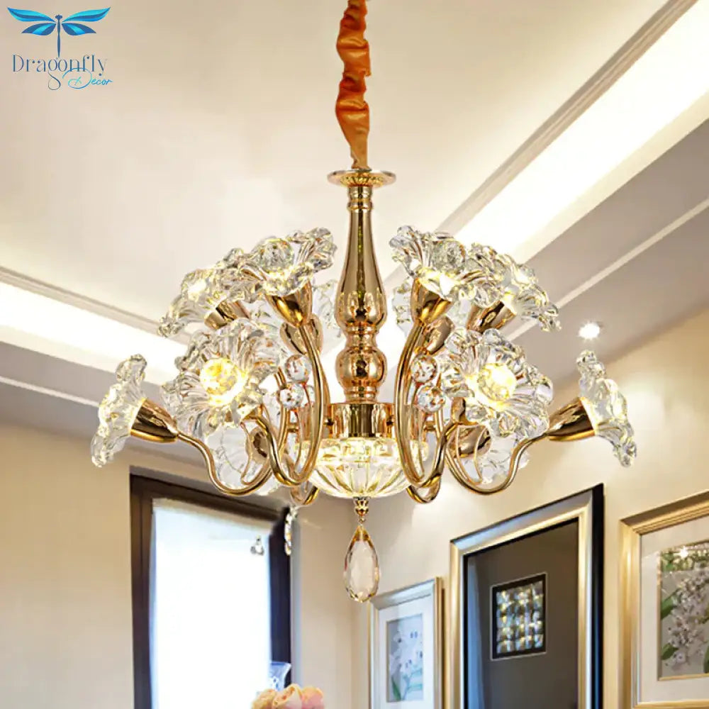 12 Bulbs Swirled Arm Chandelier Traditional Gold Clear 2 - Tier Crystal Flower Shade Ceiling Light