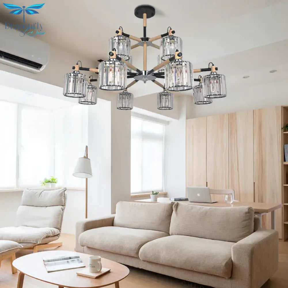 12 Heads Cylinder Chandelier Lighting Traditional Clear Three Sided Crystal Rod Hanging Ceiling
