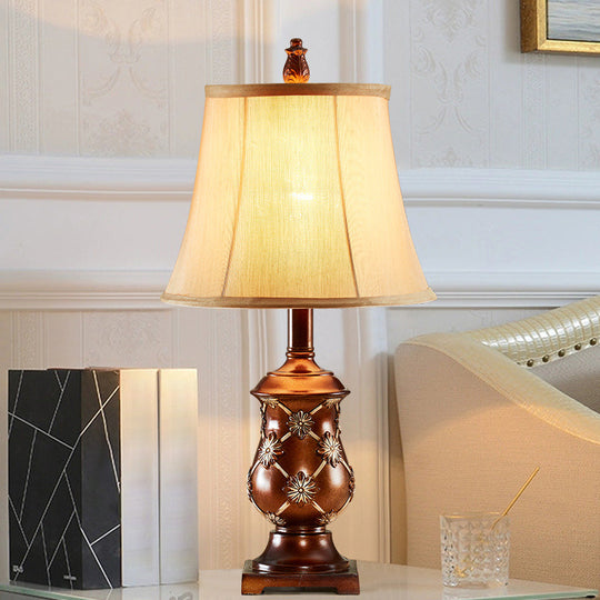 Alessia - Brown Fabric Bell Shade Night Stand Lamp Traditional Style 1 - Bulb Desk Light In With