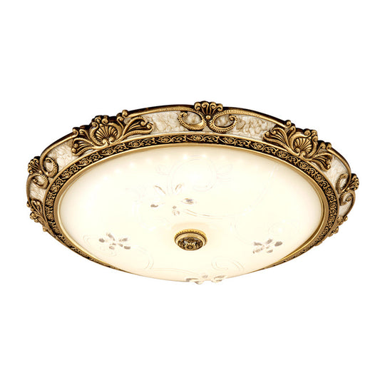 Country - Style Veined Glass Dome Flush Mount Lamp - Led Parlour Ceiling Fixture In Brass With