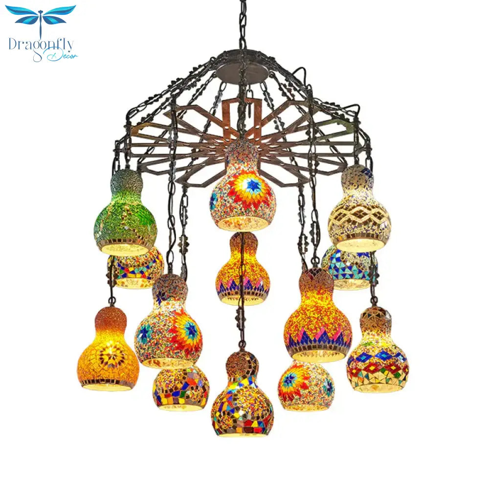13 Lights Gourd Pendant Chandelier Bohemia Antique Black Stained Glass Hanging Light Kit