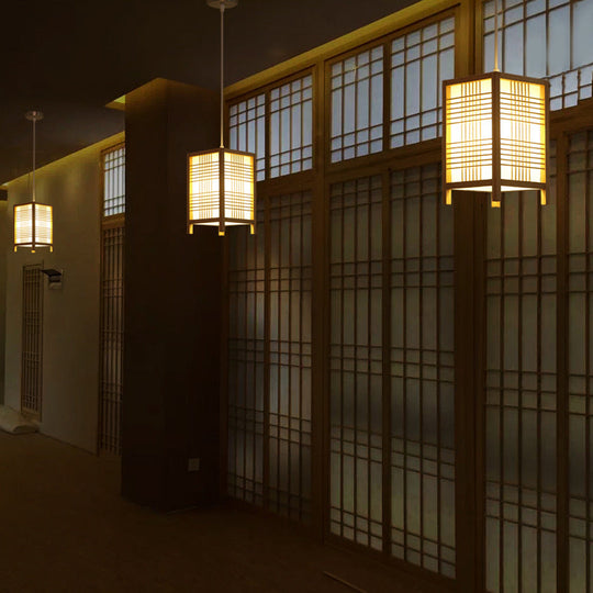 Gacrux - 6/8.5 Wide Wooden Square Hanging Lantern Light Japanese 1 - Light Natural Wood Pendant