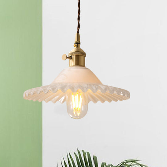 Chloe - Scalloped Pendant Light: Industrial Brass &amp; White Glass