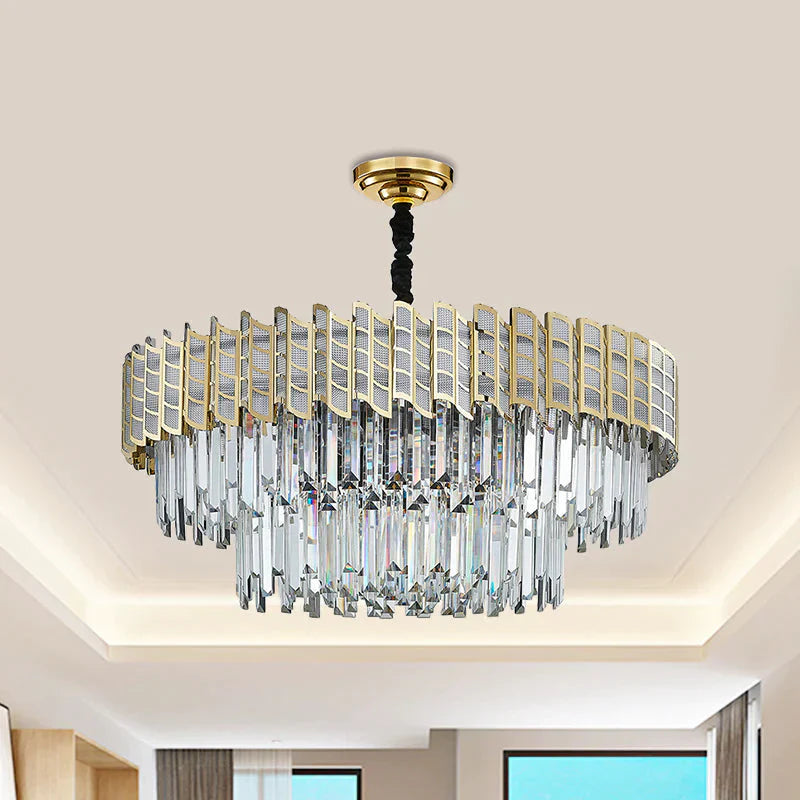 2 - Tiered 9 Bulb Crystal Ceiling Pendant Light Chandelier In Gold