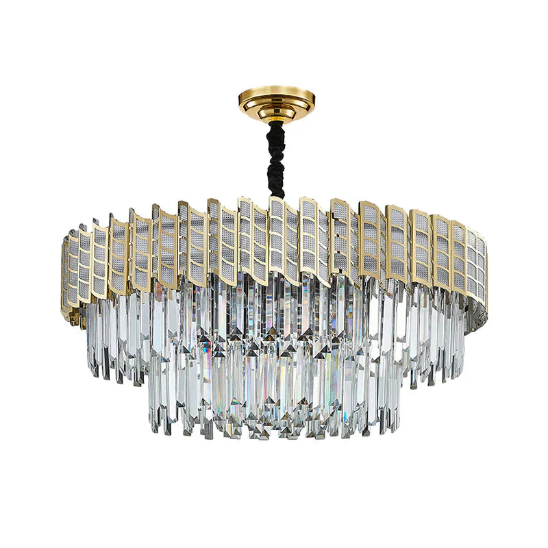 2 - Tiered 9 Bulb Crystal Ceiling Pendant Light Chandelier In Gold
