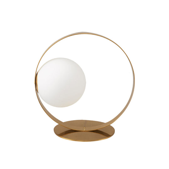 Beatrice - Gold Ring Table Lamp Postmodern 1 Bulb Iron Nightstand Light With Ball Opaline Glass