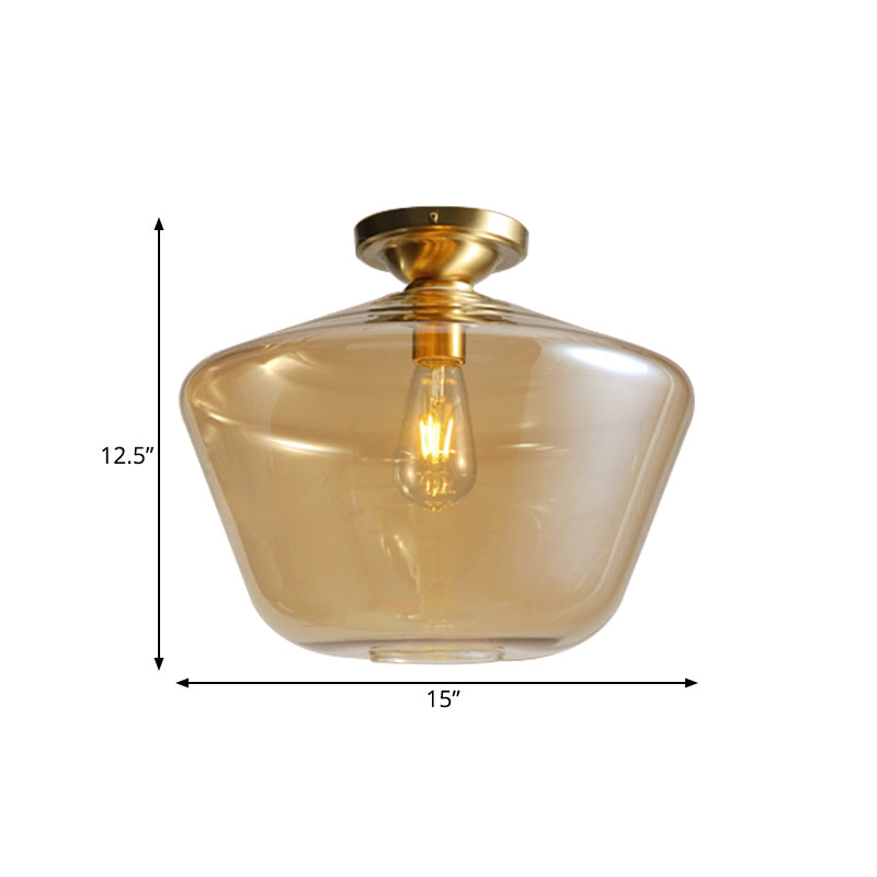 Mid Century Glamour: Cognac Glass Diamond Shaped Brass Flush Mount Ceiling Lamp - Single 9’/15’
