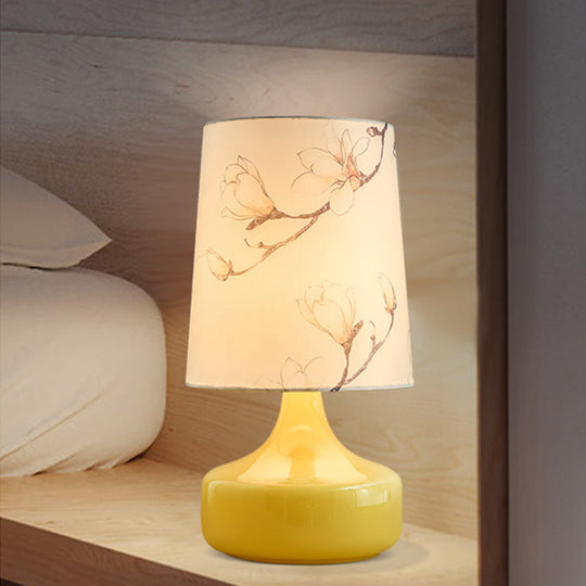 Caterina - Korean Single - Bulb Printed Fabric Night Light Garden White Barrel Bedside Table