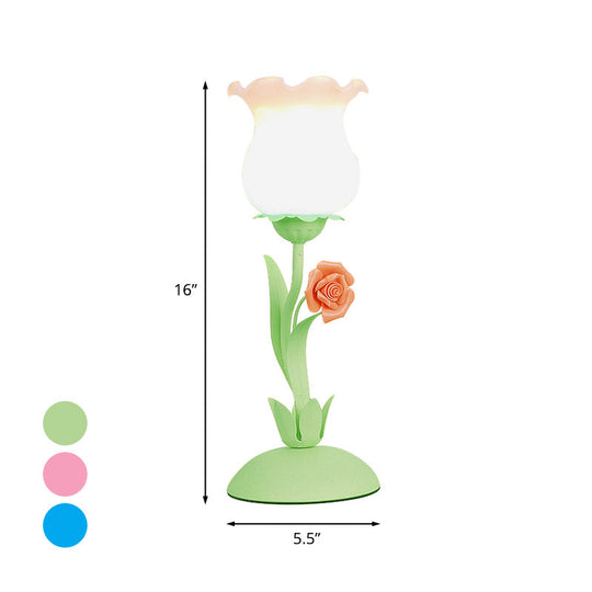 Acamar - Pastoral Rose Bud Table Light 1 Head Opal Matte Glass Nightstand Lamp With Pink/Blue/Green