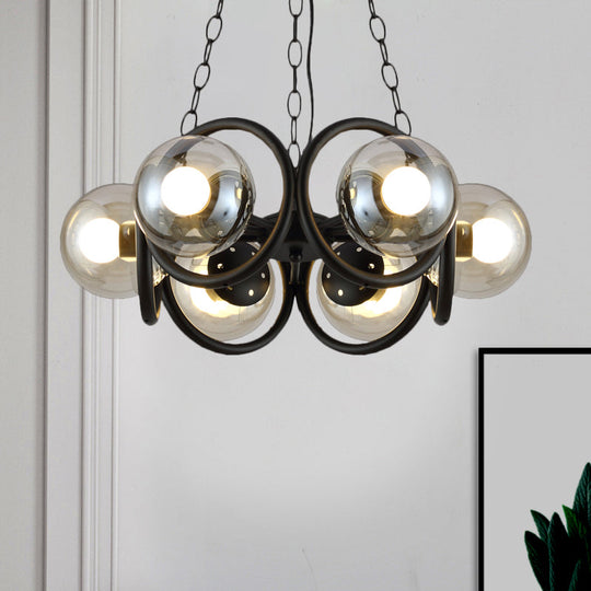 Industrial Black Chandelier With 6/8 Bulbs &amp; Clear Glass Globe Pendants 6 /
