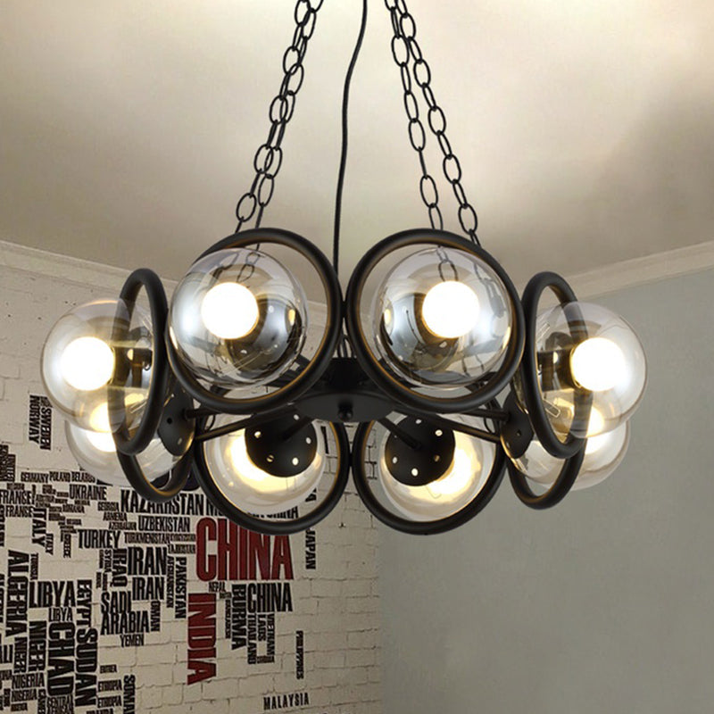 Industrial Black Chandelier With 6/8 Bulbs &amp; Clear Glass Globe Pendants