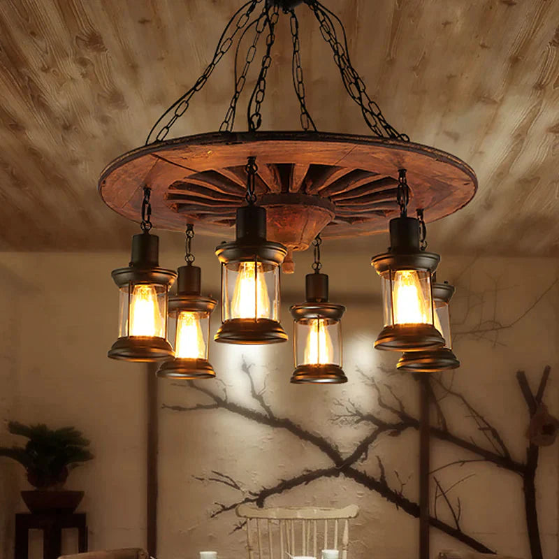 Antique Wooden Style Wheel Chandelier 6 Heads Black Ceiling Light With Lantern Clear Glass Shade