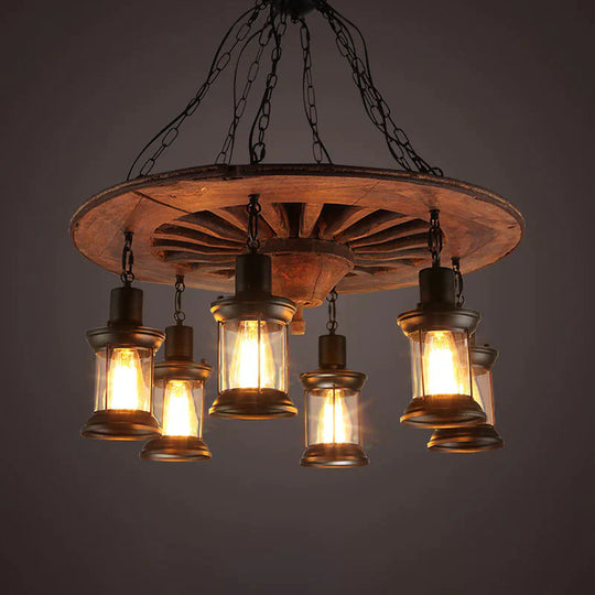 Antique Wooden Style Wheel Chandelier 6 Heads Black Ceiling Light With Lantern Clear Glass Shade
