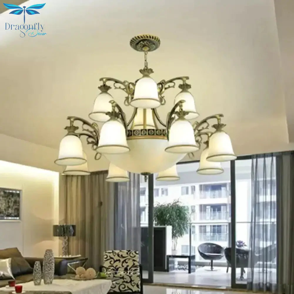 15 - Light Chandelier Rustic Living Room Ceiling Hang Lamp With Tiered Bell Opal Glass Shade In