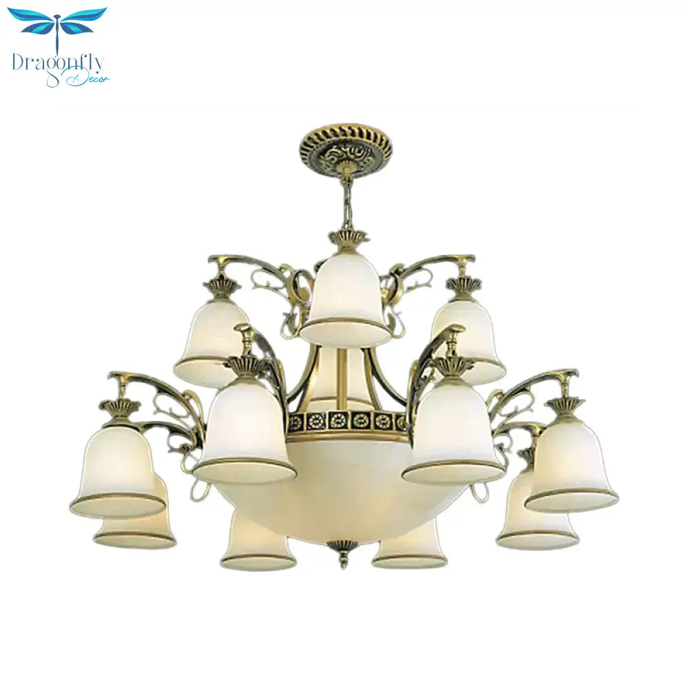 15 - Light Chandelier Rustic Living Room Ceiling Hang Lamp With Tiered Bell Opal Glass Shade In