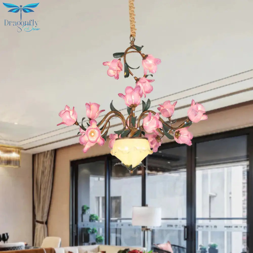 15 Lights Chandelier Pendant Light American Flower Metal Led Suspension Lamp In Brass For Bedroom