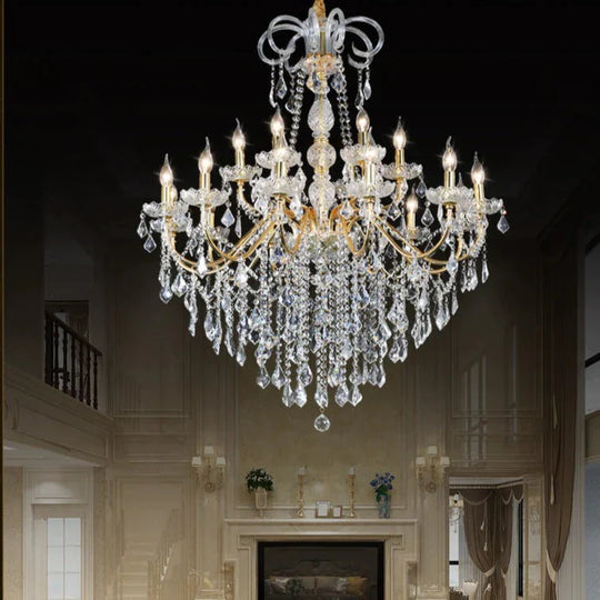 Living Room Chandelier Golden Wrought Iron Crystal Lamp Restaurant Atmosphere Hotel Hall Candle