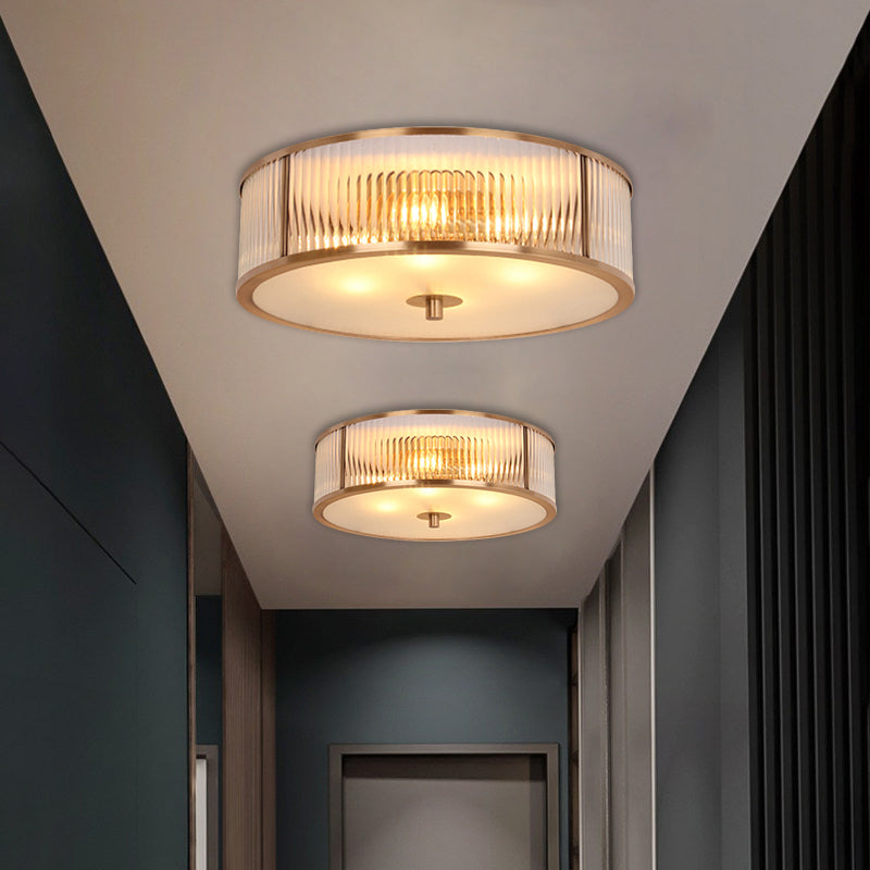 Antiqued Opaline Glass 3 - Head Brass Flush Mount Light With Fluted Drum Design For Bedrooms Ceiling