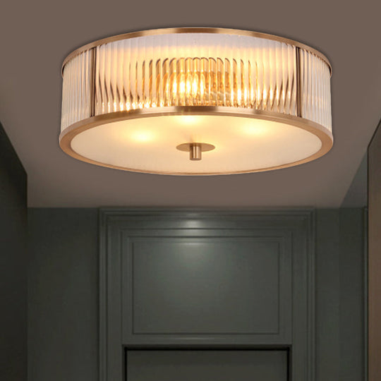 Antiqued Opaline Glass 3 - Head Brass Flush Mount Light With Fluted Drum Design For Bedrooms Ceiling