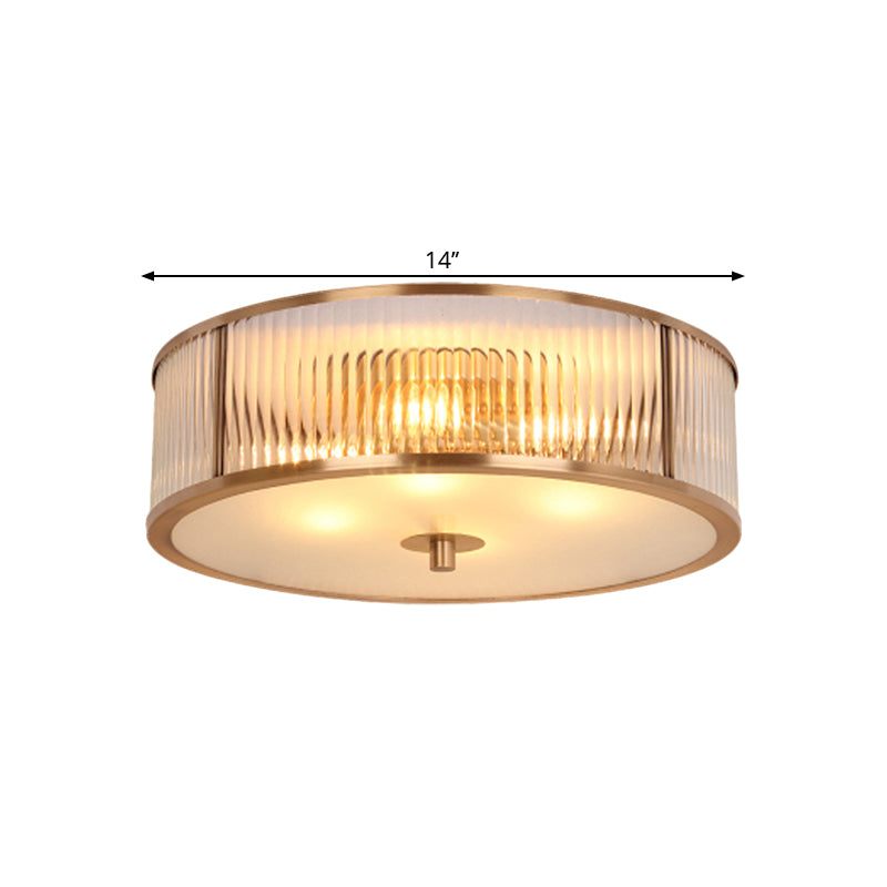Antiqued Opaline Glass 3 - Head Brass Flush Mount Light With Fluted Drum Design For Bedrooms Ceiling