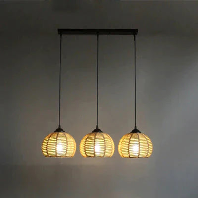 American Round Hemp Rope Chandelier Dia20Cm - Black - 3 Heads Long / Warm Light Pendant