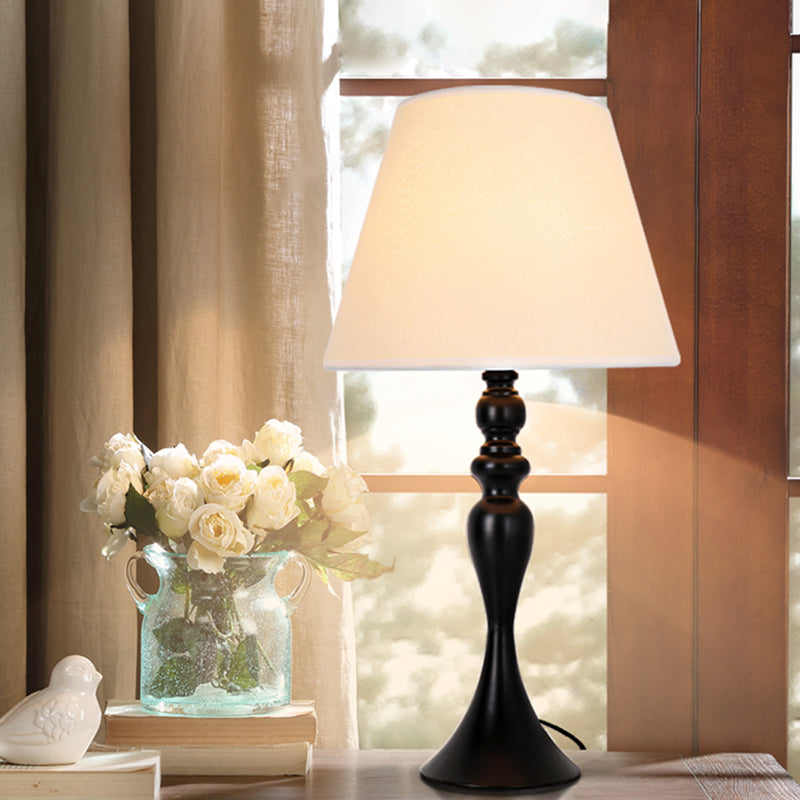 Zaniah - Retro Style Conic Table Light 1 - Head Fabric Night Lamp With Baluster Base In White/Black