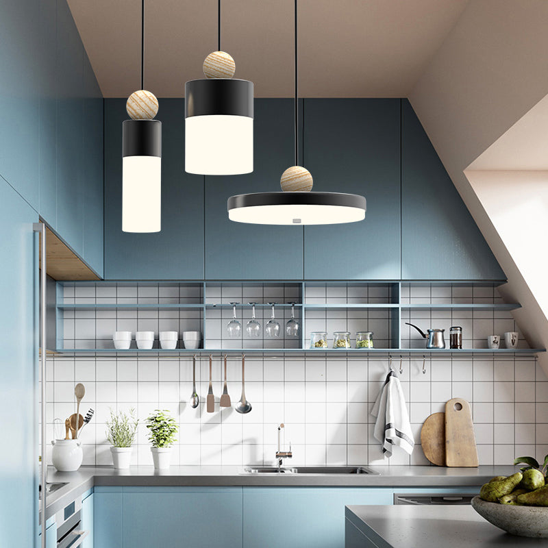 Alhena - Modernism Cylindrical Metal Suspension Light Led Black Pendulum With Round/Linear Canopy /
