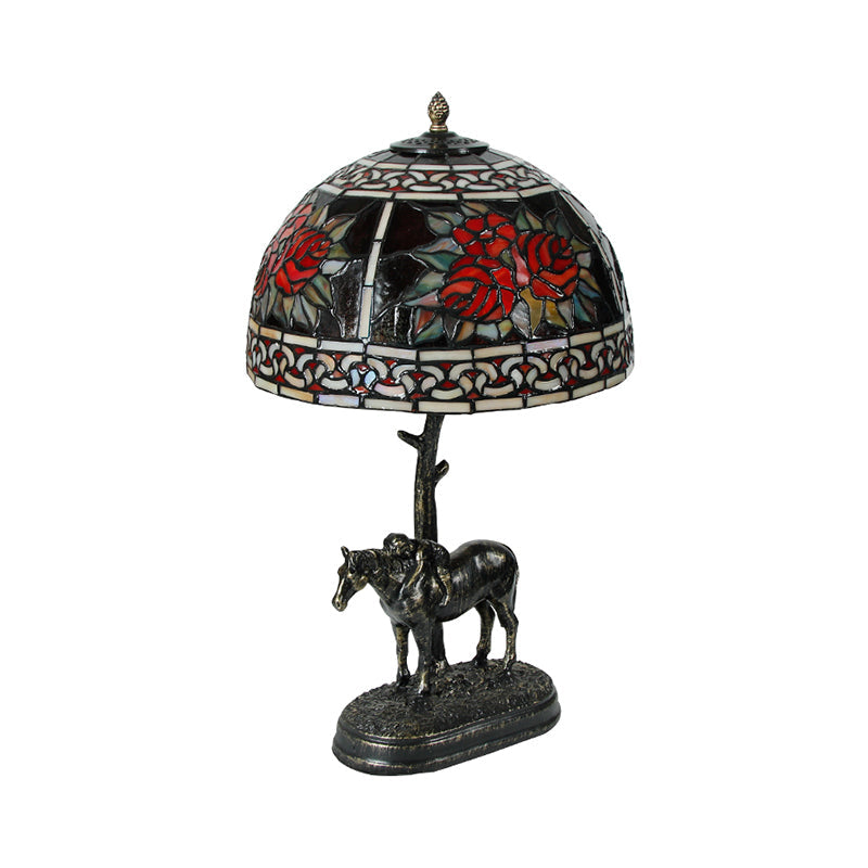 Rastaban - Vintage Stained Glass Bronze Desk Lamp Bowl 1 - Bulb Night Table Light With Boy On Horse