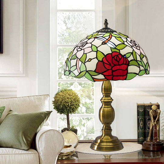 Melanie - Traditional Green Glass Dome Night Lamp With Rose &amp; Dragonfly Pattern Brass