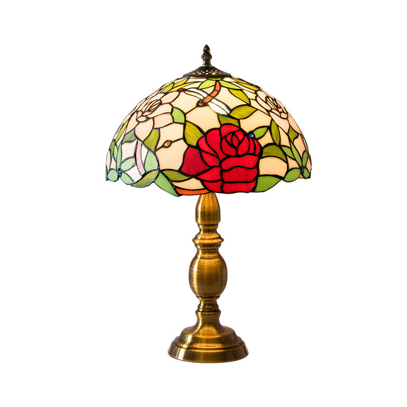 Melanie - Traditional Green Glass Dome Night Lamp With Rose &amp; Dragonfly Pattern
