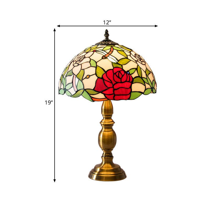 Melanie - Traditional Green Glass Dome Night Lamp With Rose &amp; Dragonfly Pattern