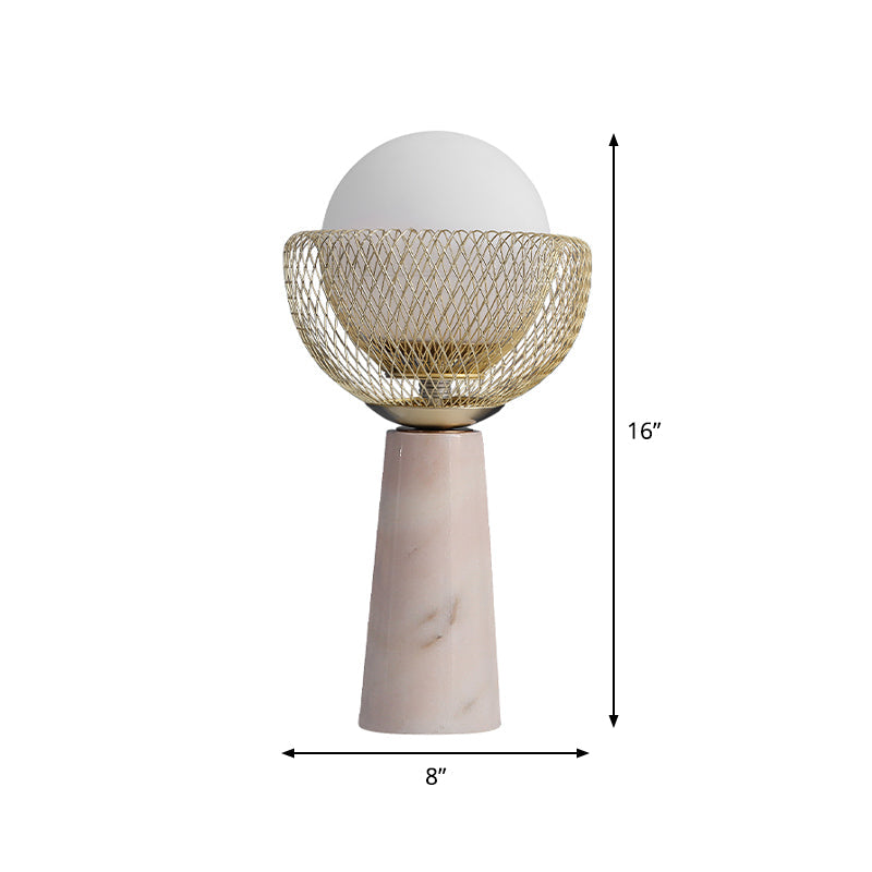 Rita - Minimalist Sphere White Glass Table Light 1 - Head Gold Night Lamp With Mesh Design