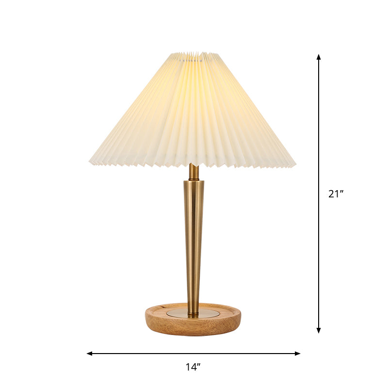 Zoé - Gold 1 - Head Night Table Lamp Countryside Conic Pleated Fabric Task Lighting With Wood