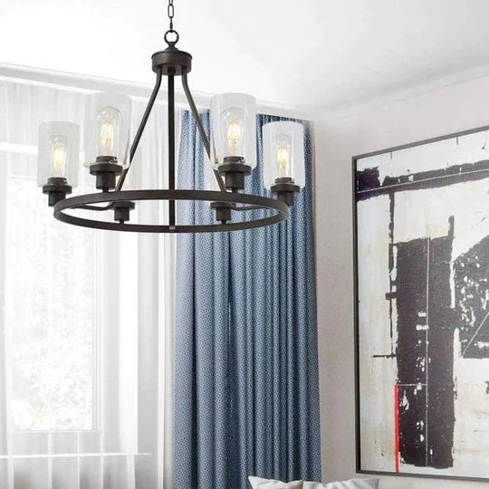 Round Six Heads Wrought Iron Chandelier Bar Restaurant Glass Lamps Pendant