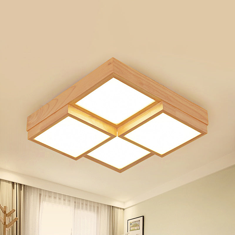 Modern Natural Wood Square Flush Mount Ceiling Light - 4/6/9 - Light Led Wooden Fixture In