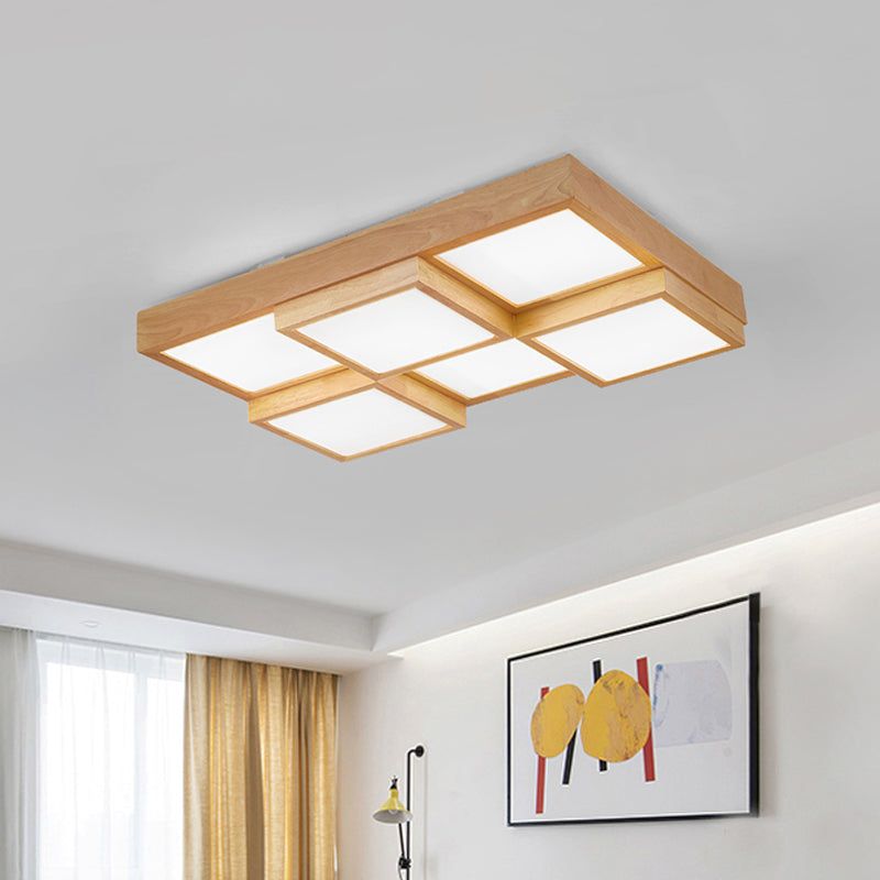 Modern Natural Wood Square Flush Mount Ceiling Light - 4/6/9 - Light Led Wooden Fixture In