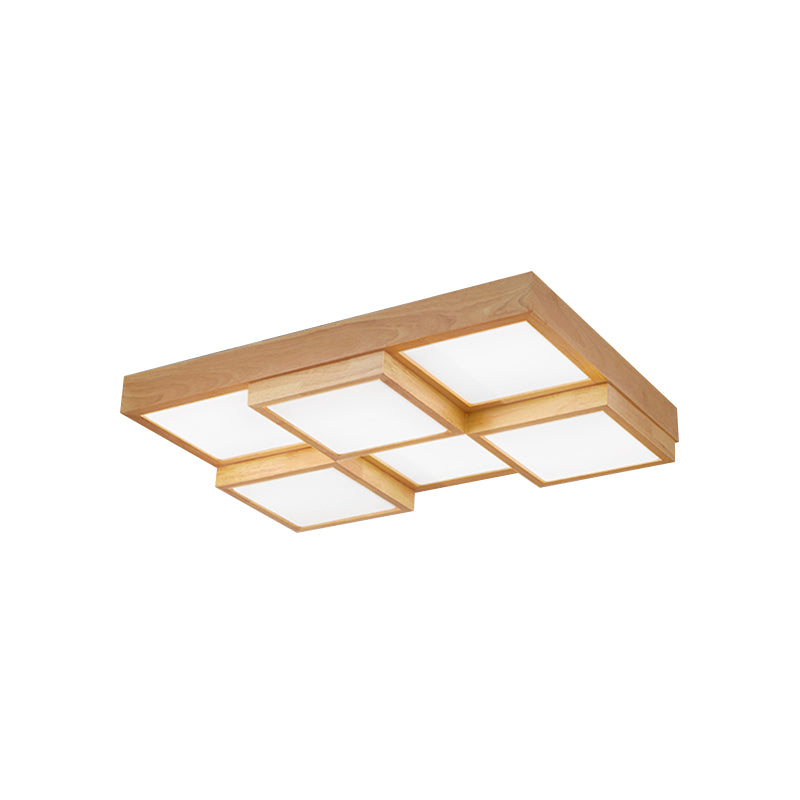 Modern Natural Wood Square Flush Mount Ceiling Light - 4/6/9 - Light Led Wooden Fixture In