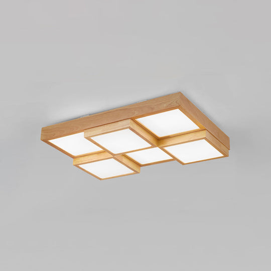Modern Natural Wood Square Flush Mount Ceiling Light - 4/6/9 - Light Led Wooden Fixture In