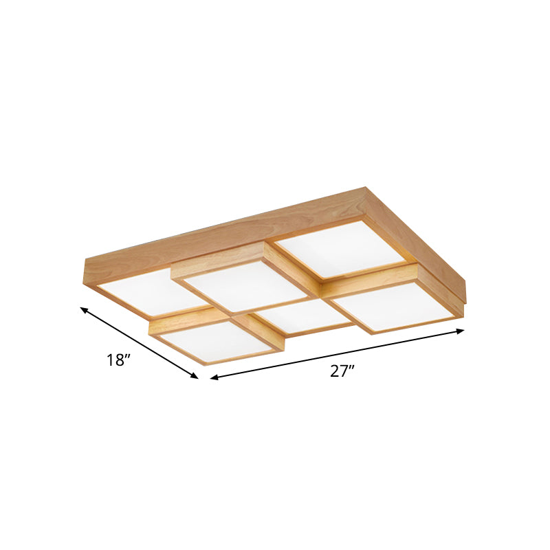 Modern Natural Wood Square Flush Mount Ceiling Light - 4/6/9 - Light Led Wooden Fixture In