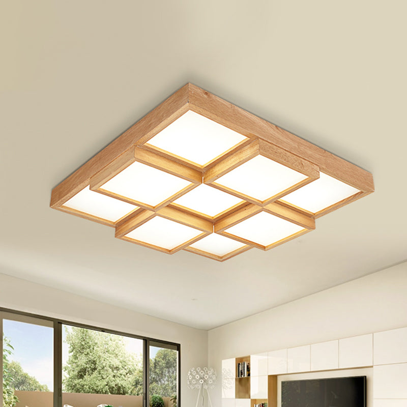 Modern Natural Wood Square Flush Mount Ceiling Light - 4/6/9 - Light Led Wooden Fixture In